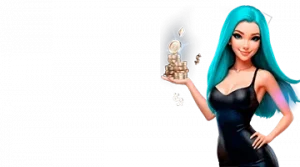 Изображение женского персонажа, держащего стопку монет, рекламирующего приветственный бонус в онлайн-казино Лутран в игривом и привлекательном стиле.